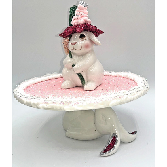 Vintage Ceramic Bunny Sitting on Cake Stand Bottle Brush Carrott Tree Flower Hat - Picture 2 of 16